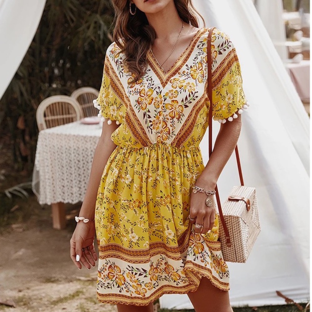 Boho Floral V-neck Pompom Mini Dress YELLOW SMALL